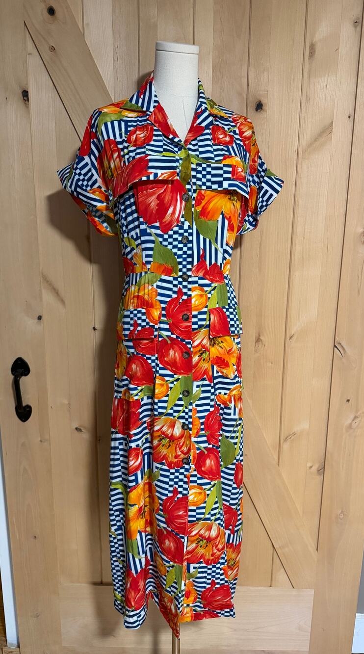 Lela Rose | Tulip Print Striped Button Front Crepe Midi Shirt Dress | Size 4